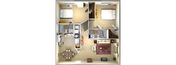 a 3d drawing of a floor plan with bedrooms and a living room