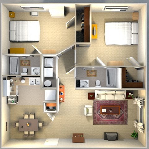 a 3d drawing of a floor plan with bedrooms and a living room