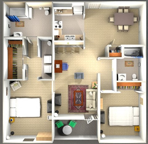 a floor plan of a house with furniture and a rug
