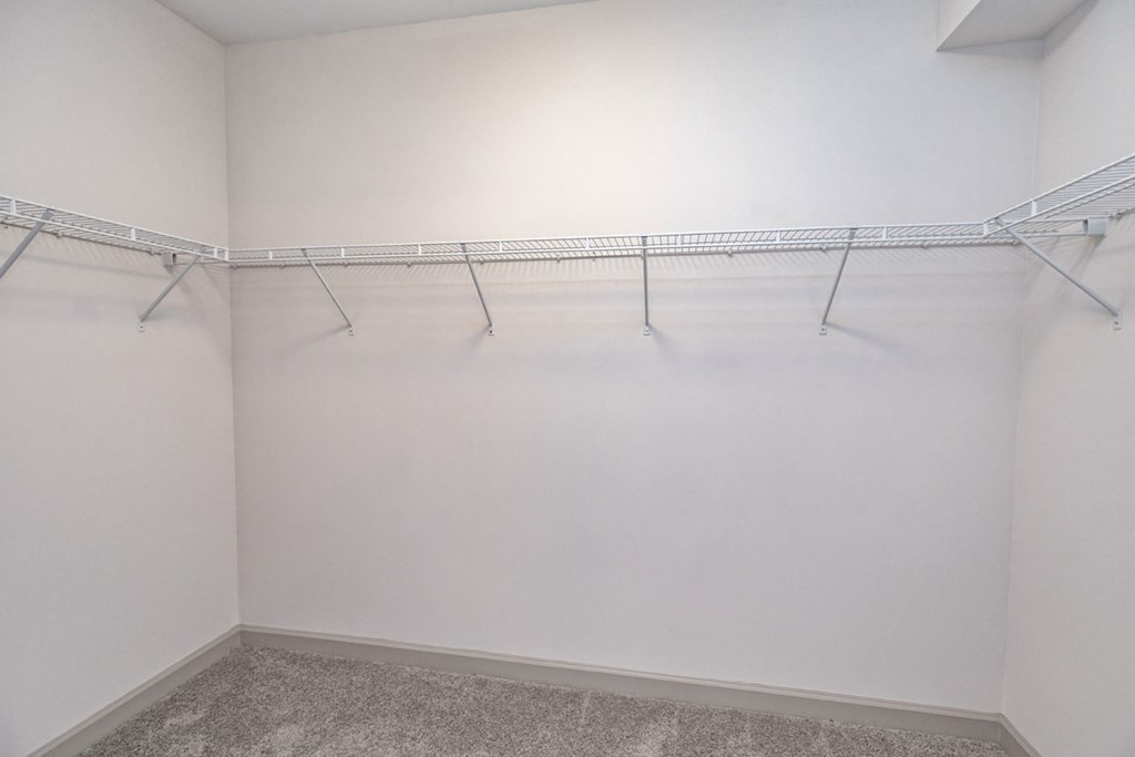 an empty closet with white walls and a wire closet rack