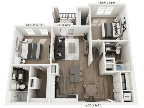 A floor plan of a small apartment with a kitchen, living room, and bedrooms.