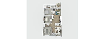 A floor plan of a house with three bedrooms, a living room, a kitchen, and a bathroom.