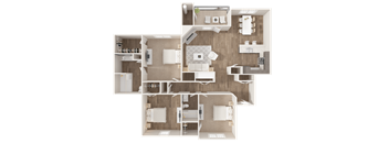 A top-down view of a house layout with a kitchen, living room, and two bedrooms.