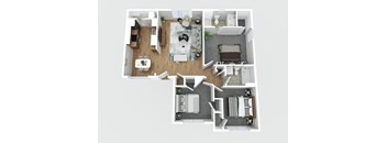 A top-down view of a house layout with a living room, kitchen, and bedrooms.