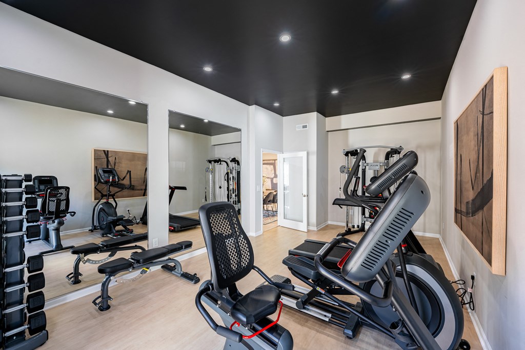 a gym with weights and exercise bikes and a painting on the wall