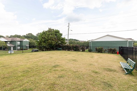 A large grassy field with a bench and a fence.