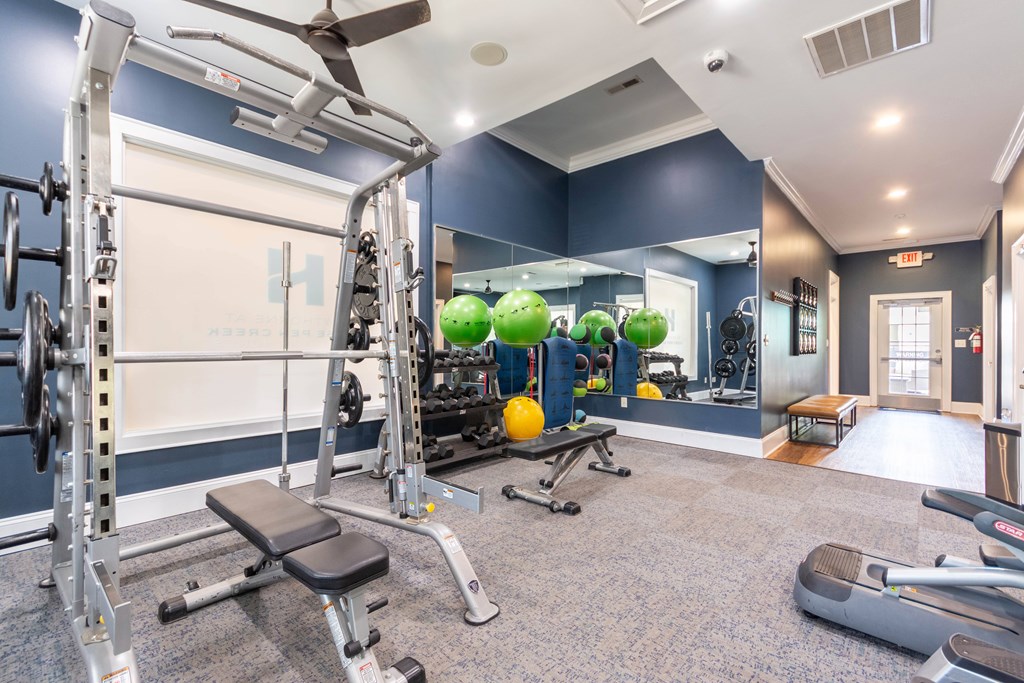 A well-equipped gym with a variety of exercise equipment.