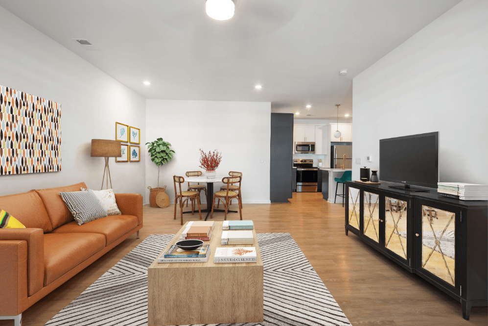 a living room with a couch and a coffee table