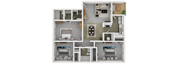 A 3D floor plan of a house with a kitchen, living room, and two bedrooms.