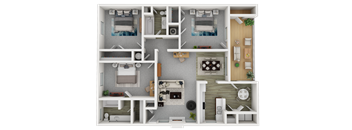 A 3D floor plan of a small apartment with two bedrooms, a living room, a kitchen, and a bathroom.