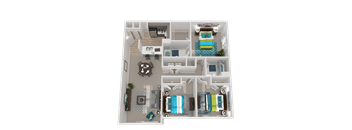 A 3D model of a house layout with a living room, kitchen, and two bedrooms.