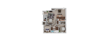 A 3D rendered image of a house layout.
