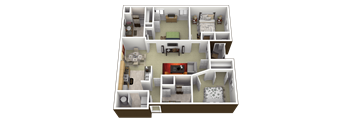 a 3d rendering of a floor plan with bedrooms and a living room