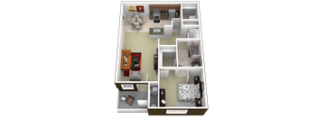 A 3D floor plan of a house showing a kitchen, living room, dining room, and two bedrooms.