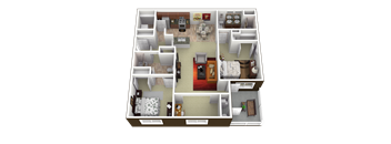 A 3D floor plan of a house with multiple rooms.