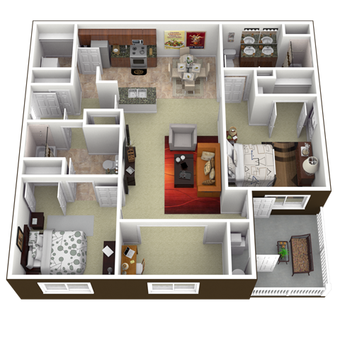 A 3D floor plan of a house with multiple rooms.
