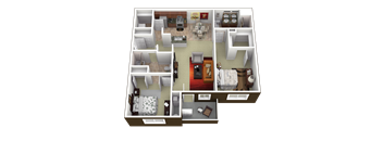 A 3D floor plan of a house showing all the rooms and their layouts.