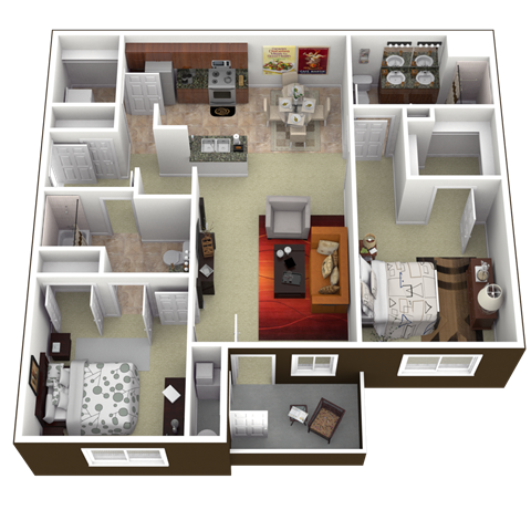 A 3D floor plan of a house showing all the rooms and their layouts.