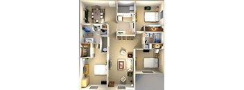 a 3d rendering of a house divided into sections with bedrooms and a bathroom