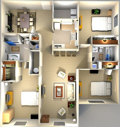 a 3d rendering of a house divided into sections with bedrooms and a bathroom