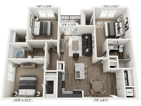 A floor plan of a two-bedroom apartment with a living room, kitchen, and bathroom.