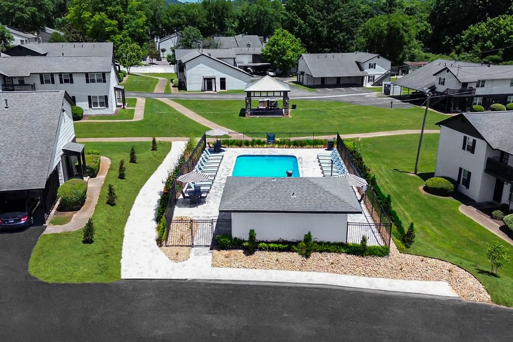 A swimming pool in a backyard surrounded by a fence.
