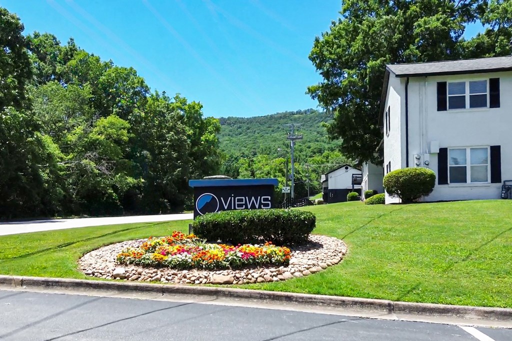 A sign that says "VIEWS" is in front of a house.