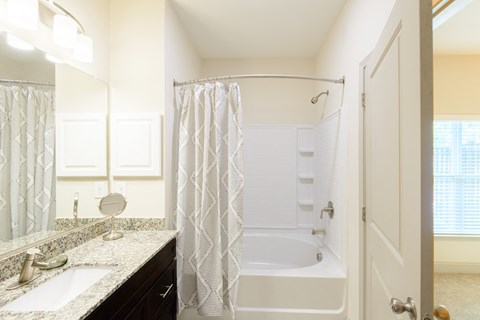a bathroom with a tub and a sink and a shower curtain