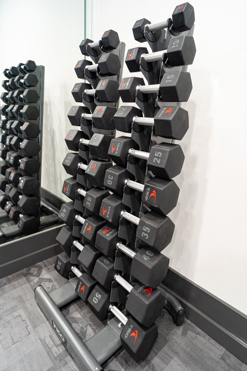 a wall of dumbbells in a gym