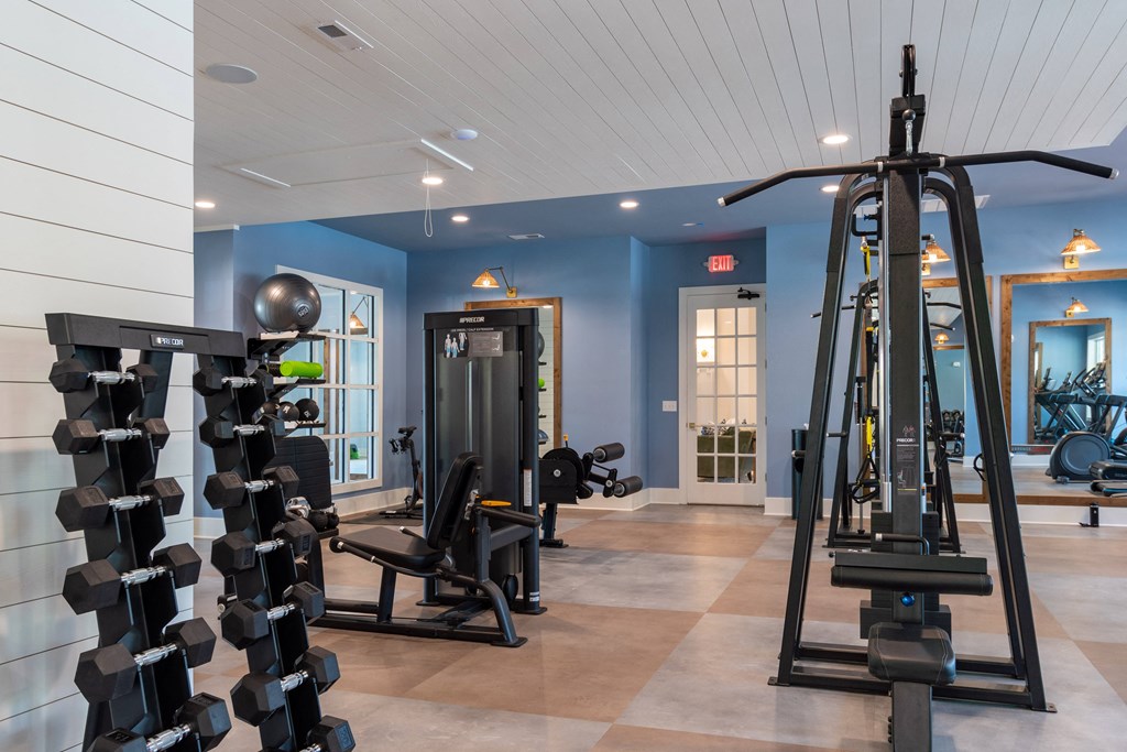 a gym with weights and a punching bag