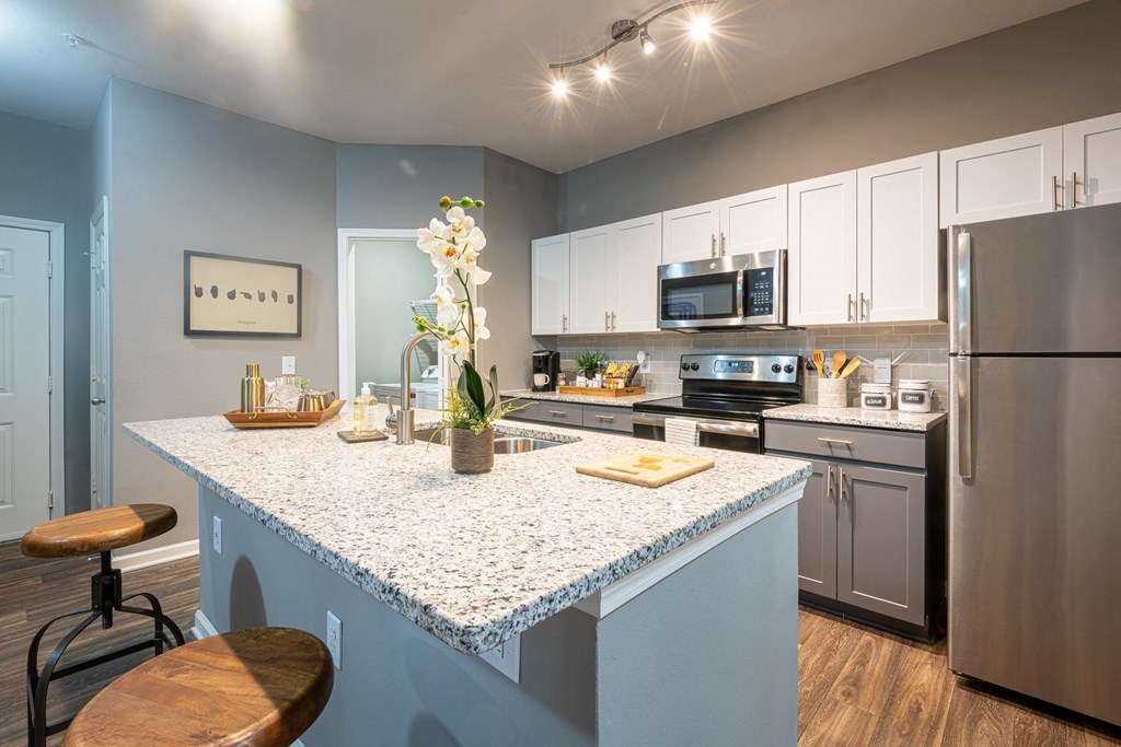 a kitchen with stainless steel appliances and a granite counter top
