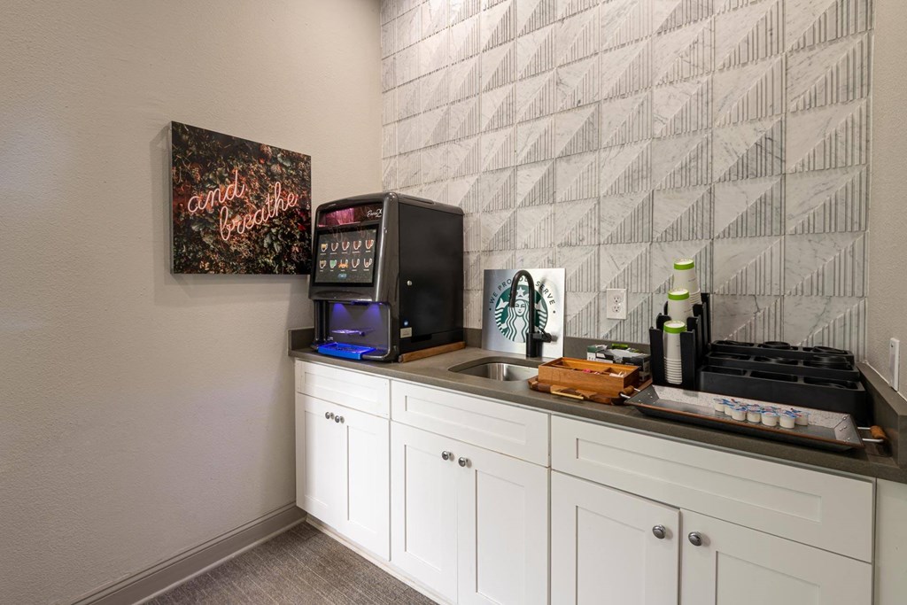 a kitchen with a sink and a coffee maker and a television