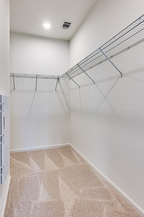 the spacious closet in our second bedroom with mirrored shelves