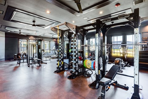 a gym with weights and dumbbells on the floor and a window