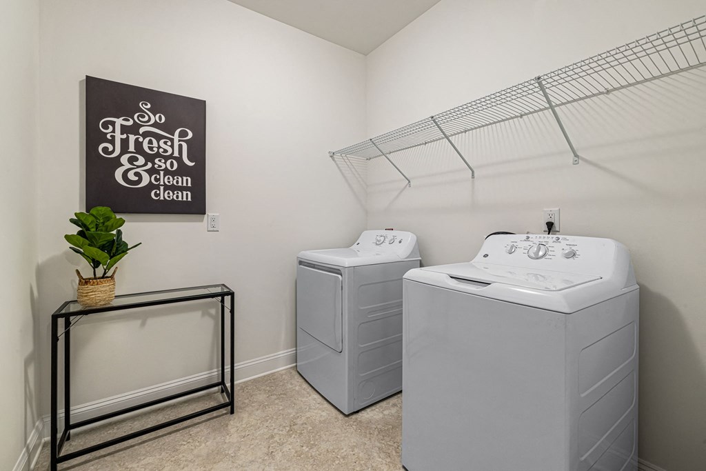 a washer and dryer in a laundry room with a window and a plant