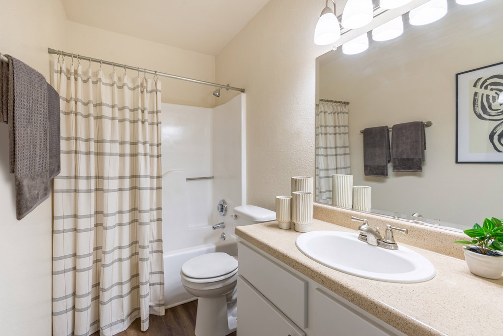 A bathroom with a toilet, sink, and shower curtain at Hawthorne at Oak Ridge in Greensboro, NC.