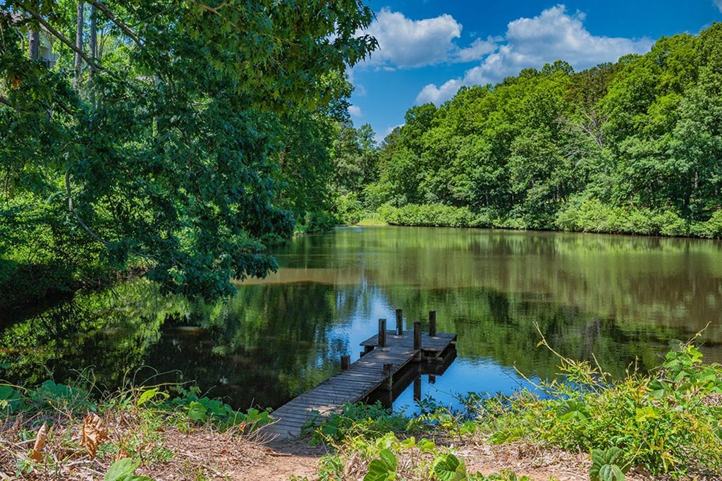 a small dock on a lake in the woods