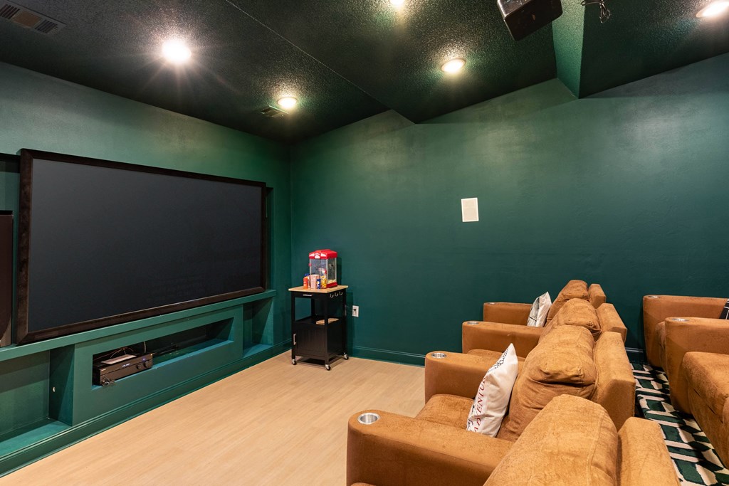 a large screening room with a tv and couches