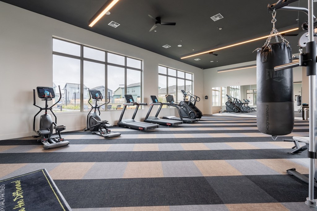 A gym with a variety of equipment including treadmills, stationary bikes, and a punching bag.
