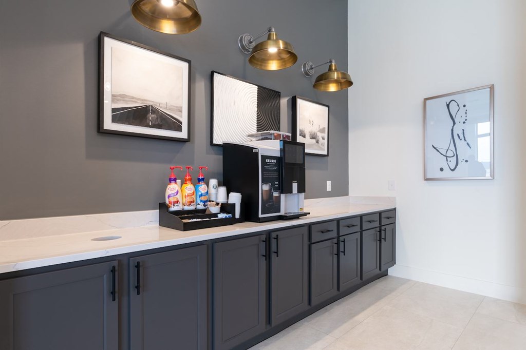 A kitchen with dark cabinets and a white countertop.
