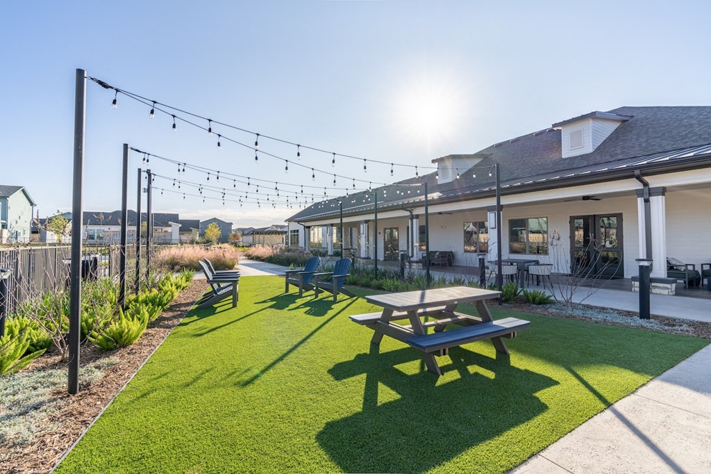 A sunny day at a park with a picnic table and string lights.
