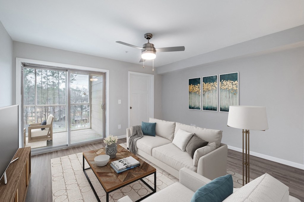 a living room with gray walls and a white couch