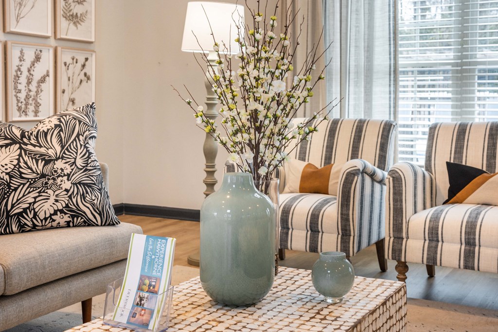 detail shot of living space with greenery and coastal furniture