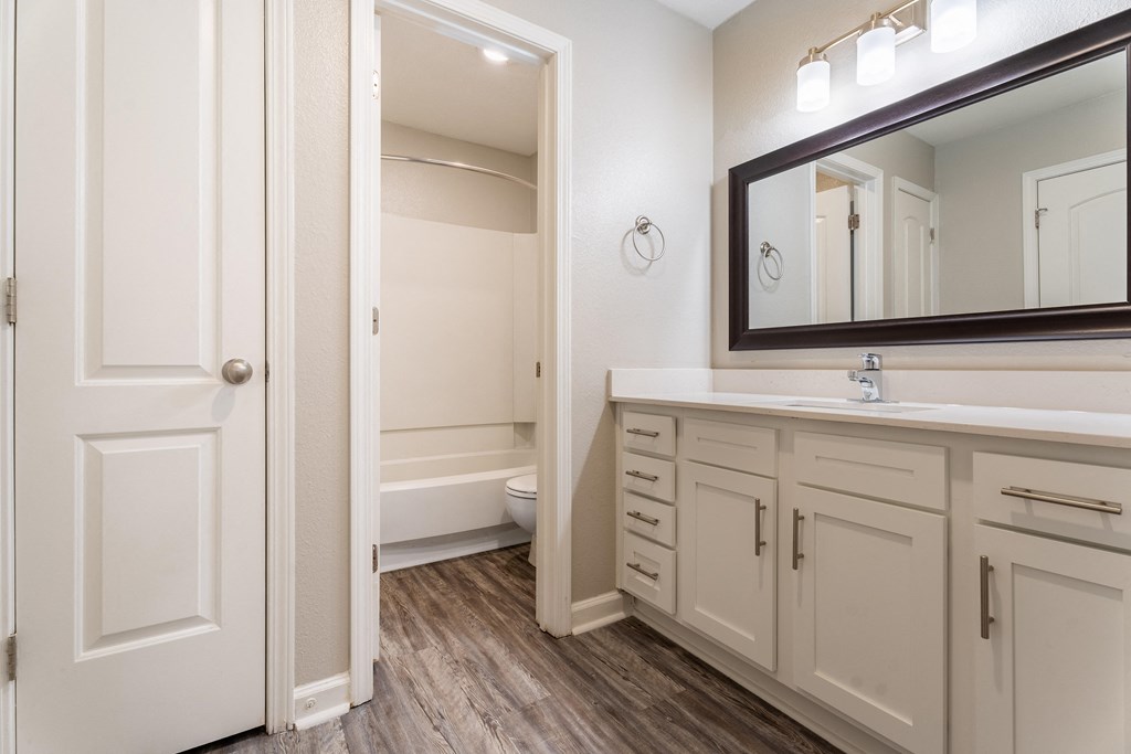 a bathroom with white cabinets and a mirror and a toilet