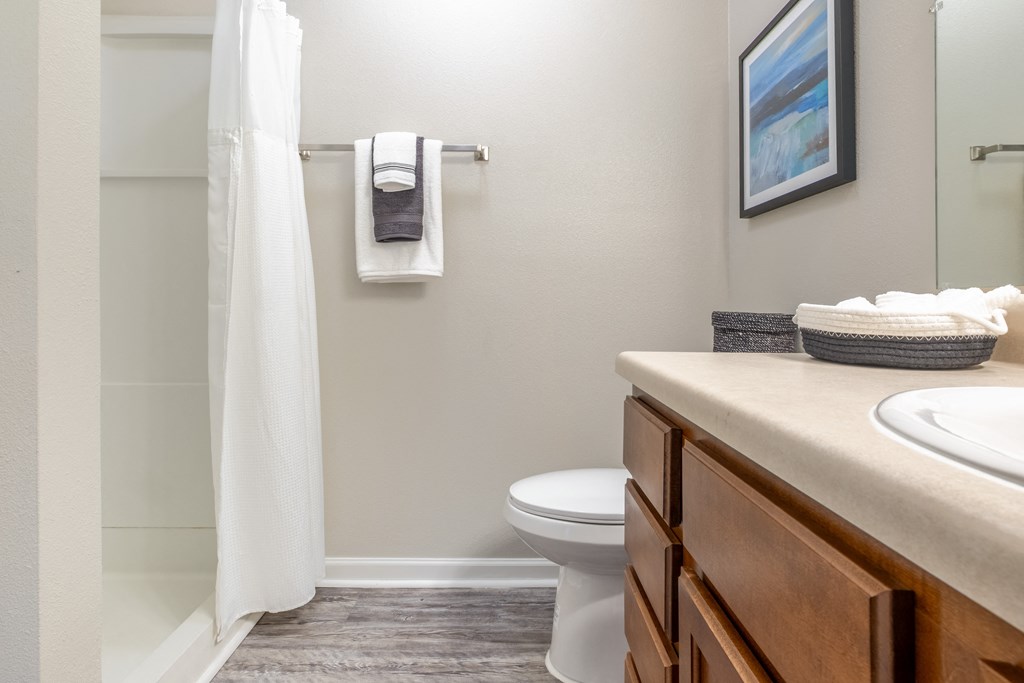 a bathroom with a toilet sink and shower