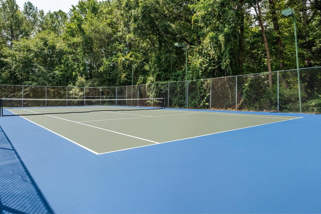 a tennis court with a fence and trees in the background