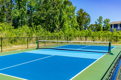 A blue tennis court surrounded by trees and a fence.