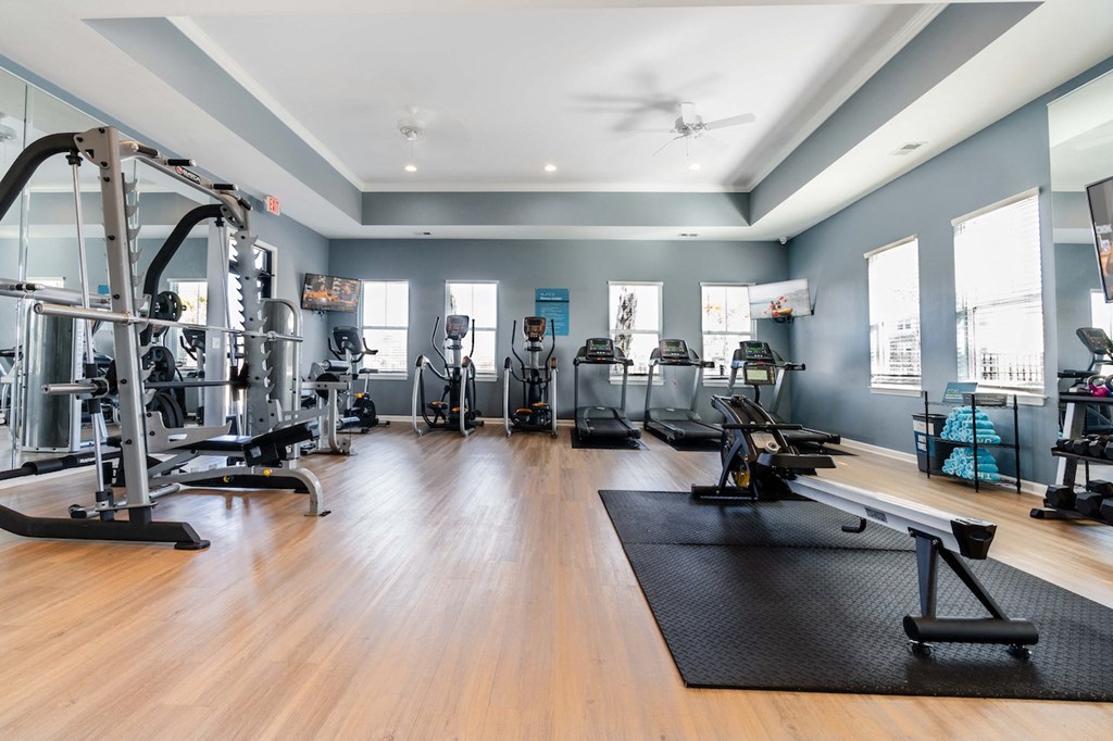 the gym at the district flats apartments in lenexa