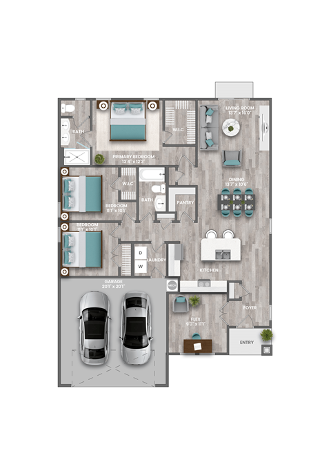 3d floor plan of a 4 bedroom 2100 sqft apartment