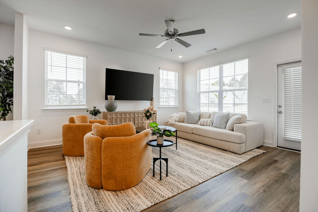 A living room with a white couch, a television, and a rug.